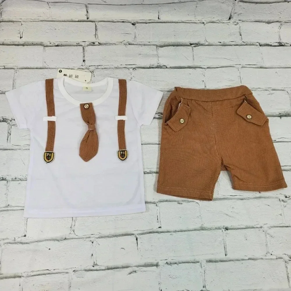 9-12M Brown Faux Suit Shorts Baby Boys 2 pcs Outfit. T-Shirt and Shorts Set